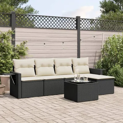 Produktbild von Design 6-tlg. Garten-Sofagarnitur mit Kissen Schwarz Poly Rattan, Gartenmöbel-Sets 2024 Neu