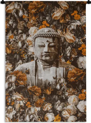 Produktbild von MuchoWow® Wandteppich Wandbehang Buddha - Gesicht - Blumen 90x135 cm Tapisserie Dekoration Wandtuch - Baumwolle - Wandskulptur