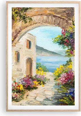 Produktbild von Gerahmtes Poster - Rahmen in heller Eiche - Haus Santorini Blumen - 61x91,5 cm - Wand Bild - Wanddeko - Wandbilder - Wandposter - Bilderrahmen - Bilder - Kunstdruck - Wandbild - P2NPA61x91-4191