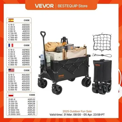 Productafbeelding van Famanu Opvouwbare kruiwagen met terreinwielen en bekerhouders - Transportwagen voor kamperen, boodschappen doen, tuinieren en het strand