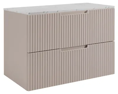 Produktbild von RODAN | Waschbeckenunterschrank 60 cm - Kaschmir - Geriffelte Fronten - Hängender Waschtisch - Soft-Close - Arbeitsplatte in Weißmarmoroptik
