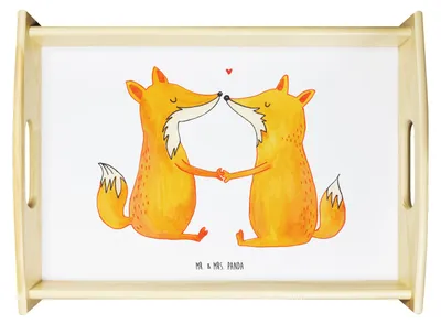 Produktbild von Mr. & Mrs. Panda Servier Tablett Füchse Liebe - Weiß - Geschenk, Fuchs, Partner, Ehe, für bett, Serviertablett, Deko, Holztablett, Paar
