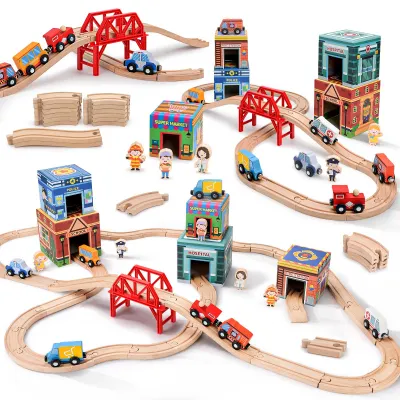 Image de Kit de train en bois, comprenant 41 pièces, avec rails et locomotives, pour enfants