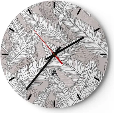 Produktbild von Wanduhr - Rund - Glasuhr - Feder Grafiken - 40x40cm - Schleichendes Uhrwerk - Lautlos - zum Aufhängen bereit - Dekoration Modern - Wanddekoration aus Glas - C3AR40x40-3560