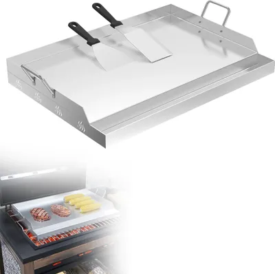 Produktbild von Grilovací deska XMTECH z nerezové oceli s rukojetí, 51x32x7 cm, rovnoměrné rozložení tepla pro plynové grily a grily na dřevěné uhlí - včetně 2x grilovací lopatky odolné proti korozi a poškrábání