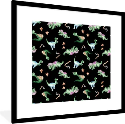 Produktbild von MuchoWow® Gerahmtes Poster Kinderzimmer - Schwarz - Dinosaurier - Jungen - Mädchen - Kinder 40x40 cm - Poster mit Schwarzem Bilderrahmen Wandposter Rahmen Foto Bilder - Poster - Plakat im Rahmen