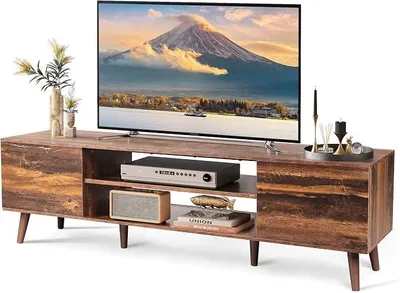 Imagen del producto de Mueble de 160 cm de largo, mueble bajo de madera para televisores de 60, 65 o 70 pulgadas, mesa de televisión con 2 puertas, diseño industrial, mueble para televisión, color marrón vintage y