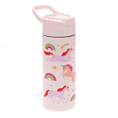Produktbild von Edelstahl Trinkflasche Einhorn mit Druckknopfdeckel Trinkhalm Tragegriff ca. 500 ml