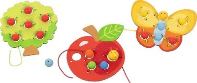Produktbild von Fädelspiel Obstgarten, 3 Motive (Apfel, Baum, Schmetterling)