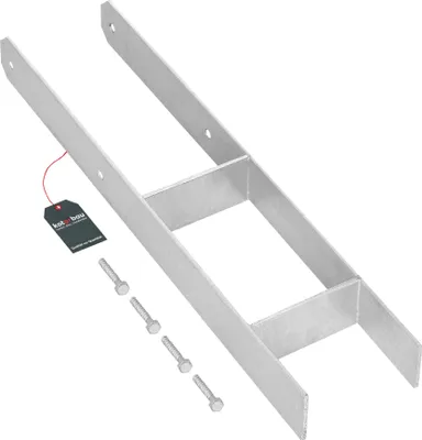 A galvanized steel H-post anchor with four bolts and a product tag.