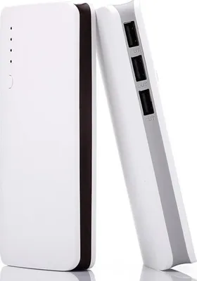 Two white power banks are leaning against each other on a white surface.