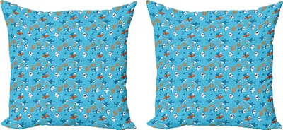 Immagine prodotto di ABAKUHAUS Set di copricuscini con squali (2 pezzi), mondo fantastico sottomarino con personaggi di pesci divertenti, mascotte infantile, 40 x 40 cm, arancione bianco blu
