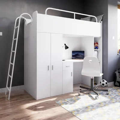 Produktbild von Marlux-Meble Hochbett Kinderbett JSM-4 80x190 mit Kleiderschrank Schreibtisch und Leiter Matt Kinderbetten Funktionsbett Etagenbett Stockbett Kinderhochbett Jugendhochbett (Weiß Matt)