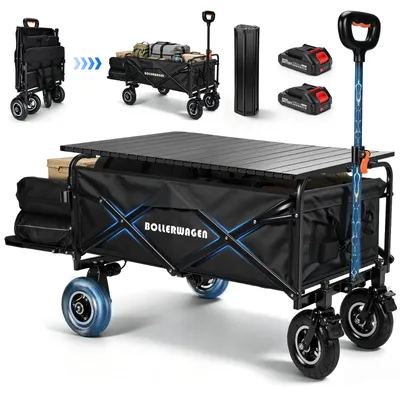 Image de Chariot électrique à pneus gonflés, avec table pliante, remorque avec 2 batteries de 2,0 Ah et 2 moteurs de 50 W, chariot de transport pliable de 240 litres et 120 kg, idéal pour la plage, compatible avec les batteries Makita