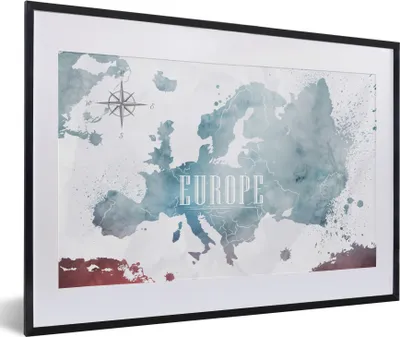 Produktbild von MuchoWow® MuchoWow® Gerahmtes Poster Karte - Europa - Ölfarbe 60x40 cm - Poster mit zchwarzem Bilderrahmen - Schlafzimmer - Plakat in Rahmen - Drucken