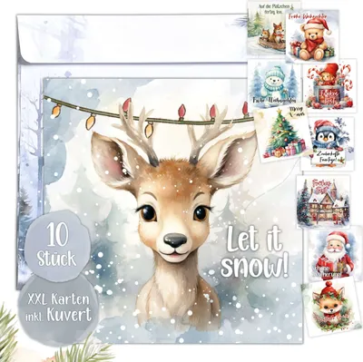 Produktbild von Frohe Weihnachten Karte, 10 XXL Weihnachtskarten mit Umschlag Set - Lustige, süße Motive, 14,8 x 14,8 cm | Große Weihnachtskarte in 10 Variationen inkl. Umschläge.