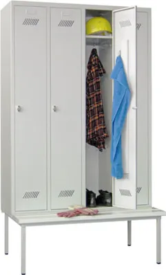 Produktbild von Spindschrank mit Sitzbank - 3 Fächer a 300 mm - 2.150x900x800 mm (HxBxT) - Drehriegel - lichtgrau/enzianblau