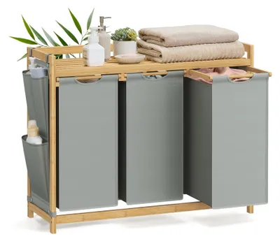 Produktbild von SONGMICS Wäschekorb 3 Fächer, Bambus, 150 L, mit Ablage – Taubengrau, Größe 150 L (1 Eben + 3 Fächer)