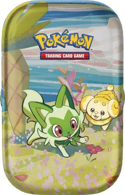 A tin box featuring Pokemon characters and the Pokemon Trading Card Game logo, set against a beach-like background with palm trees and water.