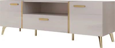 A modern TV lowboard with gold accents.
