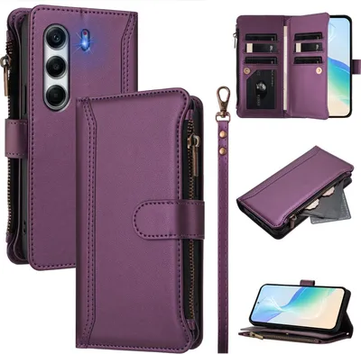 Image de Etui pour Tecno Camon 40 Pro 5G, zippé, étui portefeuille en cuirPolyuréthaneavec poches pour cartes, support et dragonne Violet