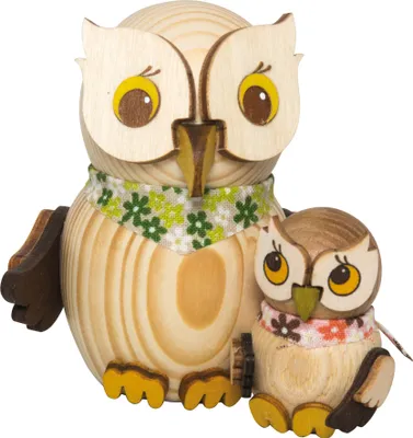 Produktbild von Drechslerei Kuhnert - Mini-Eulen aus Holz - mit Kind - ca. 7 cm groß - als Dekoration oder Geschenk geeignet
