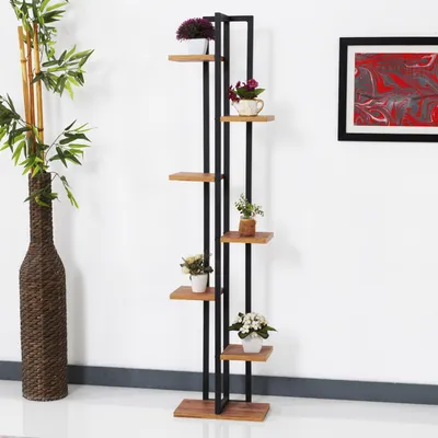 Produktbild von Blumenständer Somero 7 Ebenen Blumenregal 150 x 34 x 21 cm Pflanzenständer Indoor Pflanzenregal Wohnzimmer  Schwarz / Walnuss-Optik
