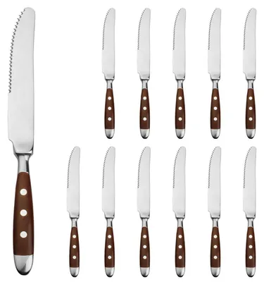 Immagine prodotto di Set di coltelli per bistecca, 12 pezzi, in acciaio inossidabile lucido, con manici marroni e lama seghettata