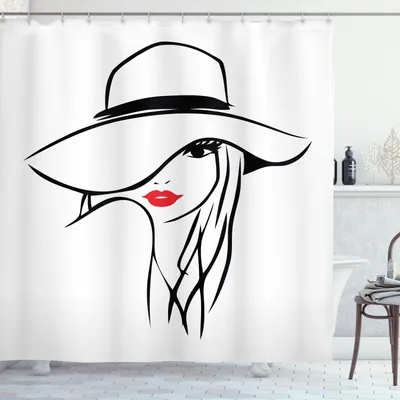 Produktbild von ABAKUHAUS Lippen Duschvorhang, Stilisierte und Minimalist Hand Drawn Langes Haar Mädchen tragen einen großen Schlapphut, 175 x 200 cm, Vermilion Schwarz Weiß