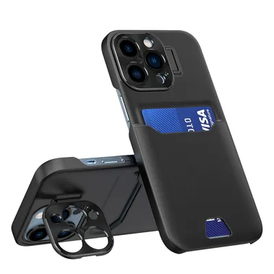 Zdjęcie produktu dla Leather Stand Case etui do iPhone 14 Pro Max pokrowiec portfel na kartę z podstawką czarne