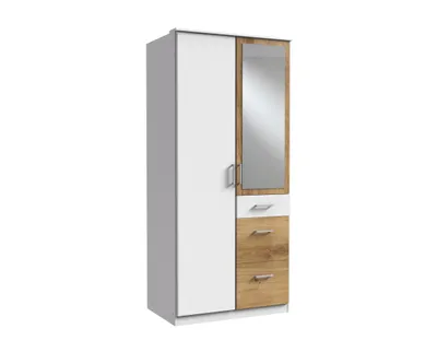 Produktbild von Kleiderschrank Click in Weiß mit Plankeneiche - Kleiderschrank 91 cm Breite mit Spiegel