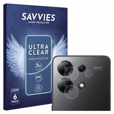 A product shot featuring packaging for screen protectors and a close-up of a smartphone camera module with the protectors applied.