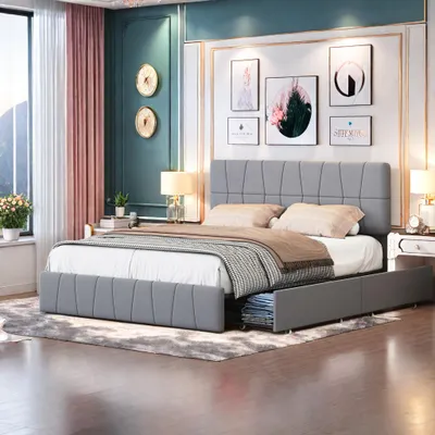 Obrázok produktu pre Čalúnená posteľ Fortuna Lai 160x200 cm, manželská posteľ s čelom, 4 zásuvky, zamatová úložná posteľ, sivá