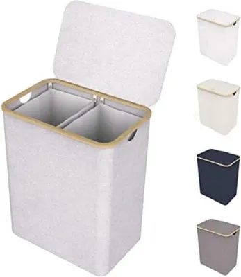 Imagen del producto de Cesta de ropa con tapa y bolsas de lavado extraíbles - XXL, 150 litros - Beige - 2 compartimentos - Clasificador de ropa con 2 compartimentos - Bambú