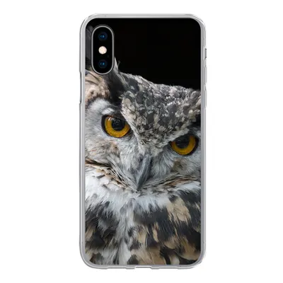 Produktbild von MuchoWow® Handyhülle Schutzhülle Hülle für iPhone X Porträt einer braunen Eule auf schwarzem Hintergrund Silikon Softcase Handy Hülle - Handyhülle