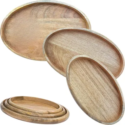 Imagen del producto de Marrakesch, juego de 3 bandejas bohemias decorativas, bandeja ovalada de madera, 38 x 34 cm y 31 cm de largo. Bandeja Cagdas para servir, ideal como decoración de mesa para el salón. Bandeja de desayuno vintage, de estilo natural, perfecta para el dormitorio
