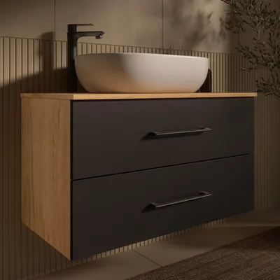 Produktbild von Planetmöbel LUX Badmöbel-Set Waschbecken mit Unterschrank 90 cm Gold Eiche/Anthrazit hängend & Aufsatz-Waschbecken 60 cm Weiß