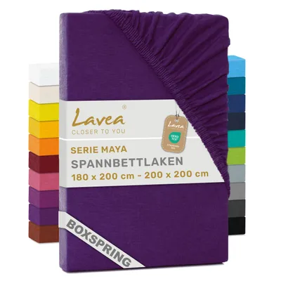 Produktbild von Lavea® Spannbettlaken 180-200x200 cm - Boxspringbett, Jersey, 40 cm Steghöhe, 100% Baumwolle, weich, atmungsaktiv, pflegeleicht, formstabil - Dunkellila