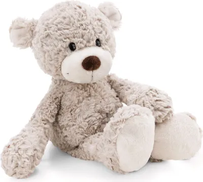 A plush teddy bear is sitting on a white background.