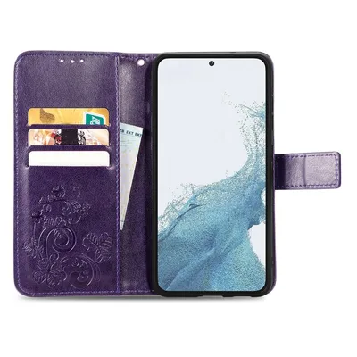 A purple leather wallet-style phone case with a Samsung Galaxy A54 5G phone inside, shown open.