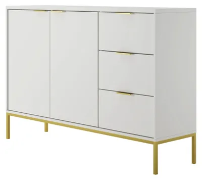 Obrázok produktu pre Komoda s 3 zásuvkami a 2 skrinkami, moderný príborník, biely a zlatý oceľový rám