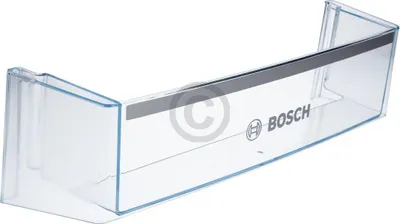 A clear plastic shelf with a gray stripe and the Bosch logo.