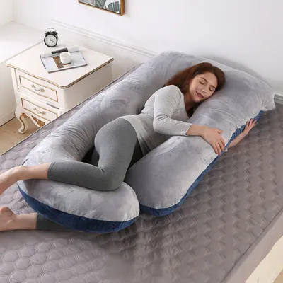 Image de Coussin de grossesse avec taie d'oreiller en velours, Soft Coussin pour dormir sur le côté pour femmes enceintes, Coussin pour tout le corps，145cmx70cm(en forme de J,bleu foncé+gris)