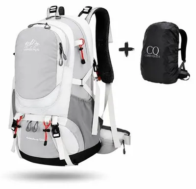 Imagen del producto de Mochila de trekking CarryQuest® de 50 litros, color gris claro, fabricada en nylon