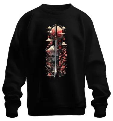 Obrázok produktu pre Japonský meč katana, samuraj, sakura, Japonsko, štýl Y2K, mikina s kapucňou, čierna, veľkosť S