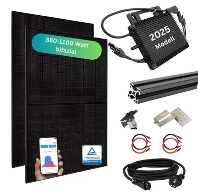 Produktbild von MYVOLTAICS Balkonkraftwerk MyPfannendach 880+ Watt mit Unterkonstruktion für Schrägdach, bifazial, Hoymiles Wechselrichter WLAN 800 Watt, Steckerfertig - 20m