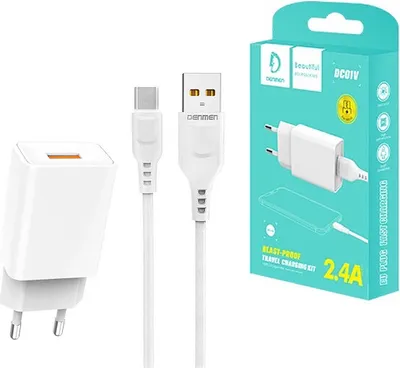 Zdjęcie produktu dla Ładowarka Sieciowa 2.4A + Kabel Micro Usb Biała Denmen 2400Ma Dc01 12W