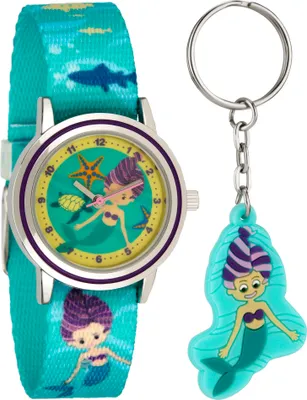 Produktbild von Kinderarmbanduhr mit Textilarmband und Schlüsselanhänger Motiv Meerjungfrau Grün - 2-LD5350-2  Ostergeschenk