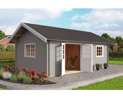 Produktbild von Gartenhaus Outdoor Life Caroline Set Gold inkl. Fußboden, Schlafboden, Isolierglas 675 x 489,9 cm lichtgrau