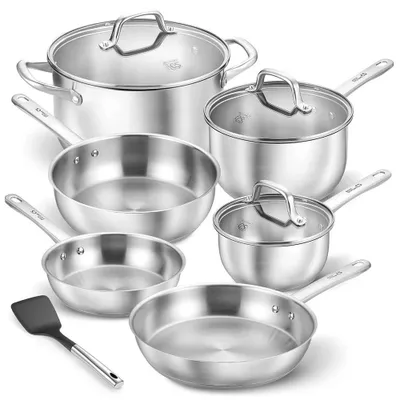 Produktbild von Topf- und Pfannenset - 10-teilig - 304 Edelstahl - Glasdeckel - Für Induktion & Gas - Backofen- & spülmaschinengeeignet - Lebensmittelecht